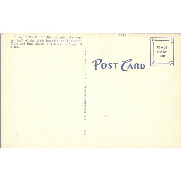 Postcard, Vintage,St Louis, Mo, Missouri Pacific Railroad Building,1926, - Picture 2 of 2